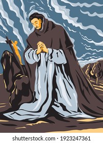 WPA poster art interpretation of the  artwork of the 16th Century Spanish Renaissance Artist El Greco entitled Saint Dominic in Prayer Circa 1605, in Works Project Administration Style.