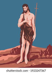 WPA poster art interpretation of the  artwork of the 16th Century Spanish Renaissance Artist El Greco entitled Saint John the Baptist circa 1597 done in works project administration style.