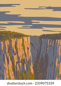 WPA poster art of Itaimbezinho canyon in Aparados da Serra National Park in the Serra Geral range of Rio Grande do Sul and Santa Catarina Brazil done in works project administration or Art Deco style.