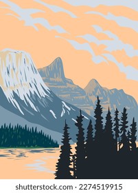 WPA poster art of Jasper National Park located in the Canadian Rocky Mountains in Alberta, Canada done in works project administration.