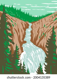 WPA poster art of Kepler Cascades, a waterfall on the Firehole River in southwestern Yellowstone National Park, Wyoming USA done in works project administration style or federal art project style.