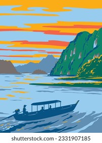 WPA poster art of Khao Sok National Park with Cheow Lan Lake contained by the Ratchaprapha Dam in Surat Thani Province in Thailand done in works project administration or Art Deco style.