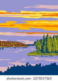 WPA poster art of Kouchibouguac National Park located on the east coast of New Brunswick in the Canadian Maritime Plain region, Canada done in works project administration.