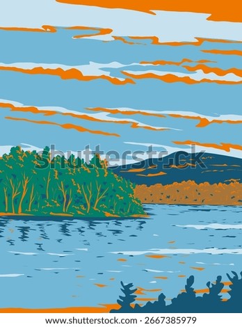 WPA poster art of Lake Champlain between New York and Vermont in the United States and extends north into Quebec, Canada done in works project administration or or federal art project style.