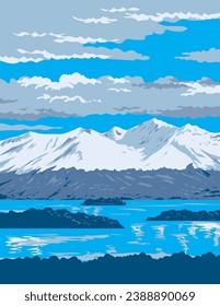 WPA poster art of Lake Clark and the Chigmit Mountains in Lake Clark National Park and Preserve located in southwest Alaska, USA done in works project administration or federal art project style.