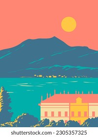 WPA Poster Kunst des Comer See Lago di Como oder Lario mit Villa und Alpen und Bellagio Gemeinde im Hintergrund in Lombardei, Italien getan in Bauprojektverwaltung oder Art-Deco-Stil.