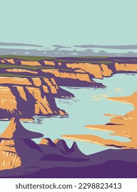 WPA poster art of Lake Powell Glen in Canyon National Recreation Area on the Kaiparowits Plateau in Utah and Arizona USA in works project administration or Art Deco style.