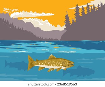 WPA poster art of a lake trout or Salvelinus namaycush in upper Missouri River at Gates of the Mountains in western Montana USA done in works project administration style or federal art project style.