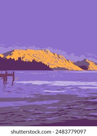 WPA poster art of Lake Wakatipu or Whakatipu wai-maori and The Remarkables in Queenstown, Otago, South Island of New Zealand done in works project administration or federal art project style.