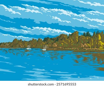 WPA poster art of Lake Washington in King County adjacent to the city of Seattle, Washington, United States done in works project administration or federal art project style.