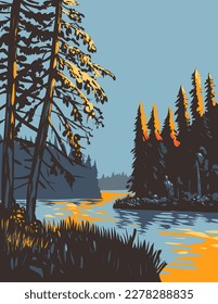 WPA poster art of Lake Waskesiu in Prince Albert National Park at dusk located in Saskatchewan, Canada done in works project administration or federal art project style.