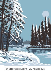 WPA poster art of Lake Waskesiu during winter in Prince Albert National Park at dusk located in Saskatchewan, Canada done in works project administration or federal art project style.