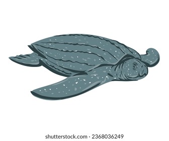 WPA poster art of a leatherback sea turtle, Dermochelys coriacea, lute turtle, leathery turtle viewed from front done in works project administration or federal art project style.