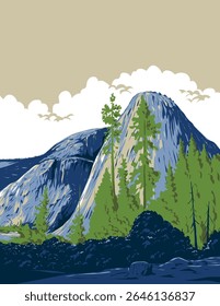 WPA poster art of Liberty Cap, Mount Broderick and Half Dome in Little Yosemite Valley on John Muir Trail in Yosemite National Park done in works project administration or federal art project style.