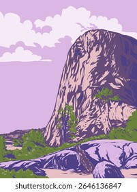 WPA poster art of Liberty Cap in Little Yosemite Valley on the John Muir Trail within Yosemite National Park, Califórnia EUA feito em administração de projetos de obras ou estilo de projeto de arte federal.