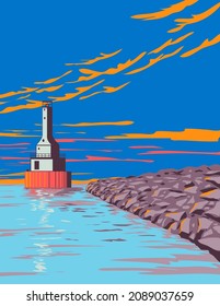 WPA poster art of a Lighthouse at FJ McLain State Park on the Keweenaw Peninsula in Houghton County, Michigan, United States of America USA done in works project administration style.