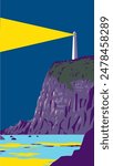 WPA poster art of a lighthouse on top of cliff or bluff of an island or coast done in works project administration or Art Deco style.