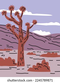 Afiche de WPA con arte de línea del Parque Nacional Joshua Tree en el sureste de California, al este de San Bernardino y Los Ángeles y al norte de Palm Springs hecho en la administración de proyectos de obras.