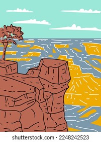 WPA poster art with line art of view of Grand Canyon National Park from Mather Point on the South Rim in Arizona, United States done in works project administration.