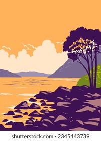 WPA poster art of Loch Ness and the Caledonian Canal in Scotland's Great Glen in the Scottish Highlands of Scotland done in works project administration or Art Deco style.