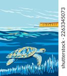 WPA poster art of a loggerhead sea turtle in Dry Tortugas National Park is in the Gulf of Mexico, west of Key West, Florida United States done in works project administration style.