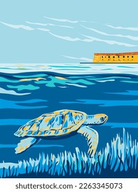 WPA poster art of a loggerhead sea turtle in Dry Tortugas National Park is in the Gulf of Mexico, west of Key West, Florida United States done in works project administration style.