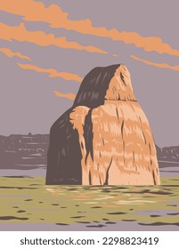 WPA poster art of Lone Rock in Wahweap Bay on Lake Powell area located in Glen Canyon National Recreation Area in Kane County, Utah USA in works project administration or Art Deco style.