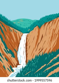 WPA poster art of the Lower Yellowstone Falls within Yellowstone National Park located in Wyoming, United States done in works project administration style or federal art project style.