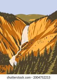 WPA poster art of Lower Yellowstone Falls, the largest volume waterfall in the Rocky Mountains within Yellowstone National Park, Wyoming USA done in works project administration style.