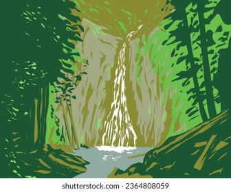 WPA poster art of Madison Falls near Port Angeles in Olympic National Park, Washington State, United States done in works project administration or federal art project style.