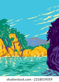 WPA poster art of Madlum River in Biak-na-Bato National Park located within Barangay Biak-na-Bato in San Miguel, Bulacan, Luzon Philippines done in works project administration or Art Deco style.