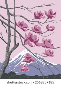 WPA poster art of magnolia soulangeana or saucer magnolia blossoms with Mount Taranaki with Egmont National Park in New Zealand done in works project administration or federal art project style.