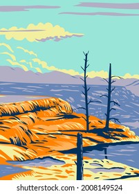 WPA poster art of Mammoth Hot Springs, a large complex of hot springs on a hill of travertine in Yellowstone National Park, Teton County, Wyoming USA done in works project administration style.