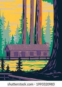 WPA poster art of Mariposa Grove Cabin with General Grant and General Sheridan tree located in Yosemite National Park, California, United States of America done in works project administration style.
