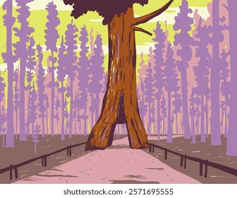 WPA poster art of Mariposa Grove of Giant Sequoias located in the southern part of Yosemite National Park, California United States done in works project administration or federal art project style.