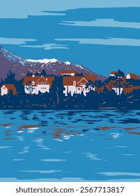 WPA poster art of the market town of Ebensee am Traunsee at the southern end of Traunsee lake in Traunviertel region of Austria with Salzkammergut Mountains done in works project administration style.