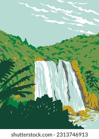 WPA poster art of Marokopa Falls near Waitomo in the Waikato Region of the North Island of New Zealand done in works project administration or Art Deco style.