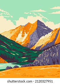 WPA poster art of the Maroon Bells in the Elk Mountains, Maroon Peak and North Maroon Peak in Pitkin County and Gunnison County, Colorado, United States USA done in works project administration style.