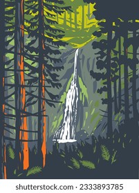 WPA poster art of Marymere Falls located in Olympic National Park near Lake Crescent in Washington State, United States of America done in works project administration.