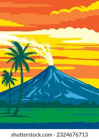 WPA poster art of Mayon Volcano Natural Park located in the Bicol Region on southeast Luzon Island Philippines done in works project administration or Art Deco style.