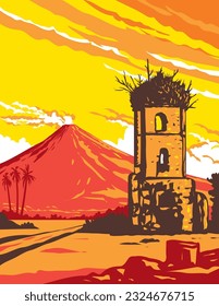 WPA poster art of Mayon Volcano and Cagsawa ruins bell tower in Albay, Bicol Region in the Luzon Island of the Philippines done in works project administration or Art Deco style.