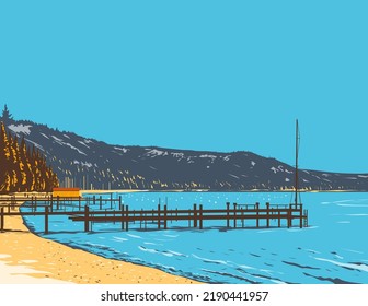 WPA poster art of McKinney Bay on the shore of Lake Tahoe in Placer County in the Sierra Nevada mountains of northern California, United States USA done in works project administration style. svg