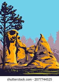 WPA poster art of Medicine Rocks State Park with sandstone pillars in western Montana, United States of America USA done in works project administration style.