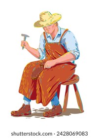 WPA poster art of a medieval cobbler, shoemaker or shoe repairer repairing shoes sitting on stool done in works project administration or federal art project style.