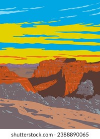 WPA poster art of mesa in Canyonlands National Park located in southeastern Utah near the town of Moab, USA done in works project administration or federal art project style.