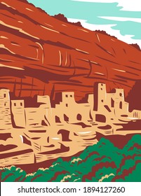 WPA poster art of the Mesa Verde National Park with Ancestral Puebloan cliff dwellings, notably the huge Cliff Palace done in Colorado in works project administration or federal art project style.