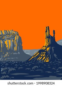 WPA poster art of mesas, buttes and towers in Valley of the Gods formerly part of Bears Ears National Monument located north of Monument Valley near Bluff, Utah in works project administration style.