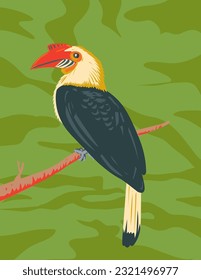 Afiche de la WPA de Mindanao: Hornbill Aceros leucocephalus Escrito endémico en Mindanao, Dinagat y Camiguin Sur Filipinas, realizado en obras de administración de proyectos o estilo art decó.