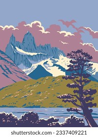 WPA poster art of Monte Fitz Roy with Viedma Lake located in the Southern Patagonian Ice Field near El Chalten village in Patagonia, Argentina done in works project administration or Art Deco style.