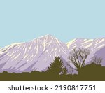 WPA poster art of Monument Peak and East Peak in South Lake Tahoe as viewed from Gardnerville in Douglas County, Nevada, United States USA done in works project administration style.